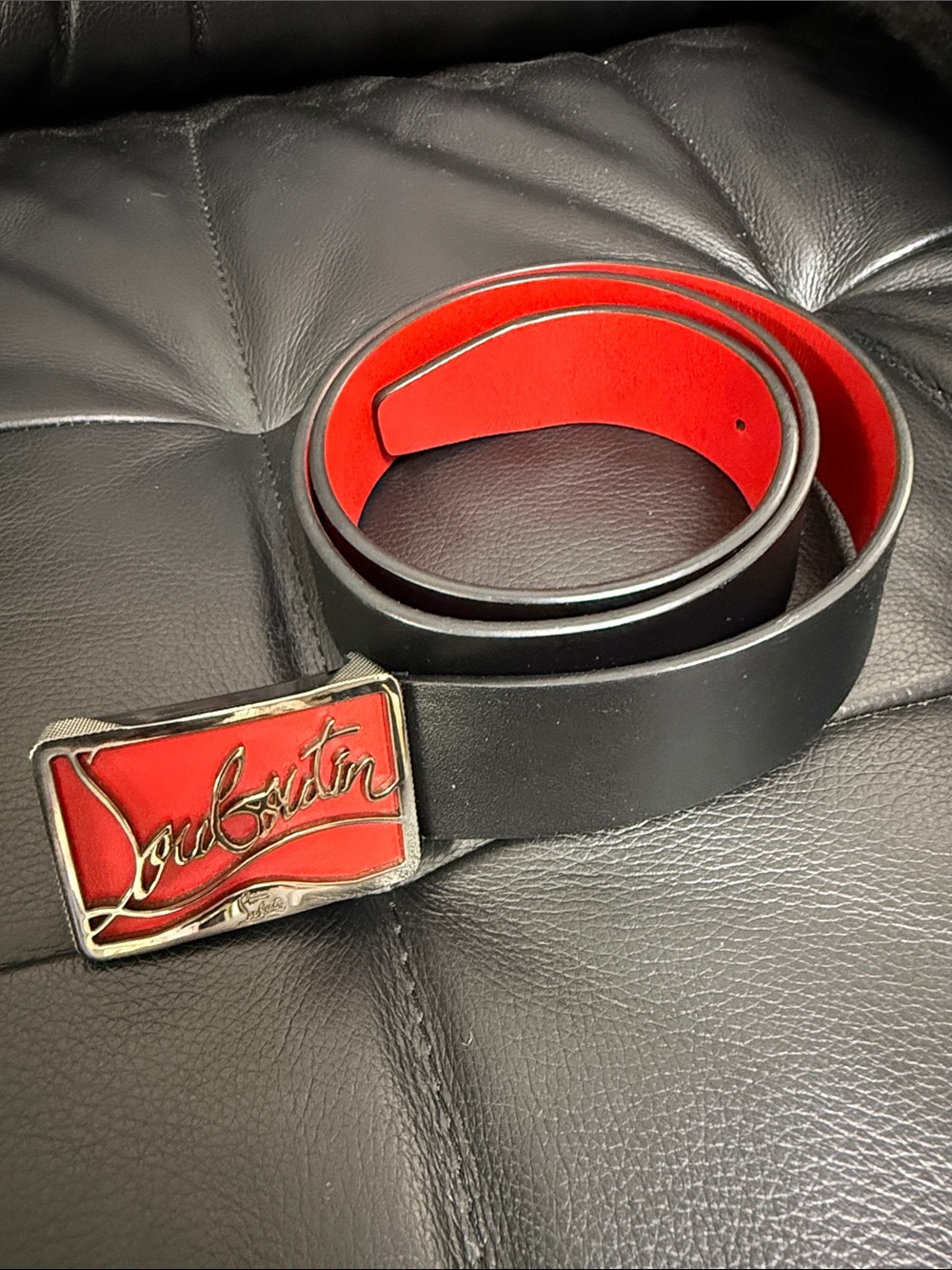 Christian Louboutin Black and Red Leather Logo Belt 85/34 Italy unisex